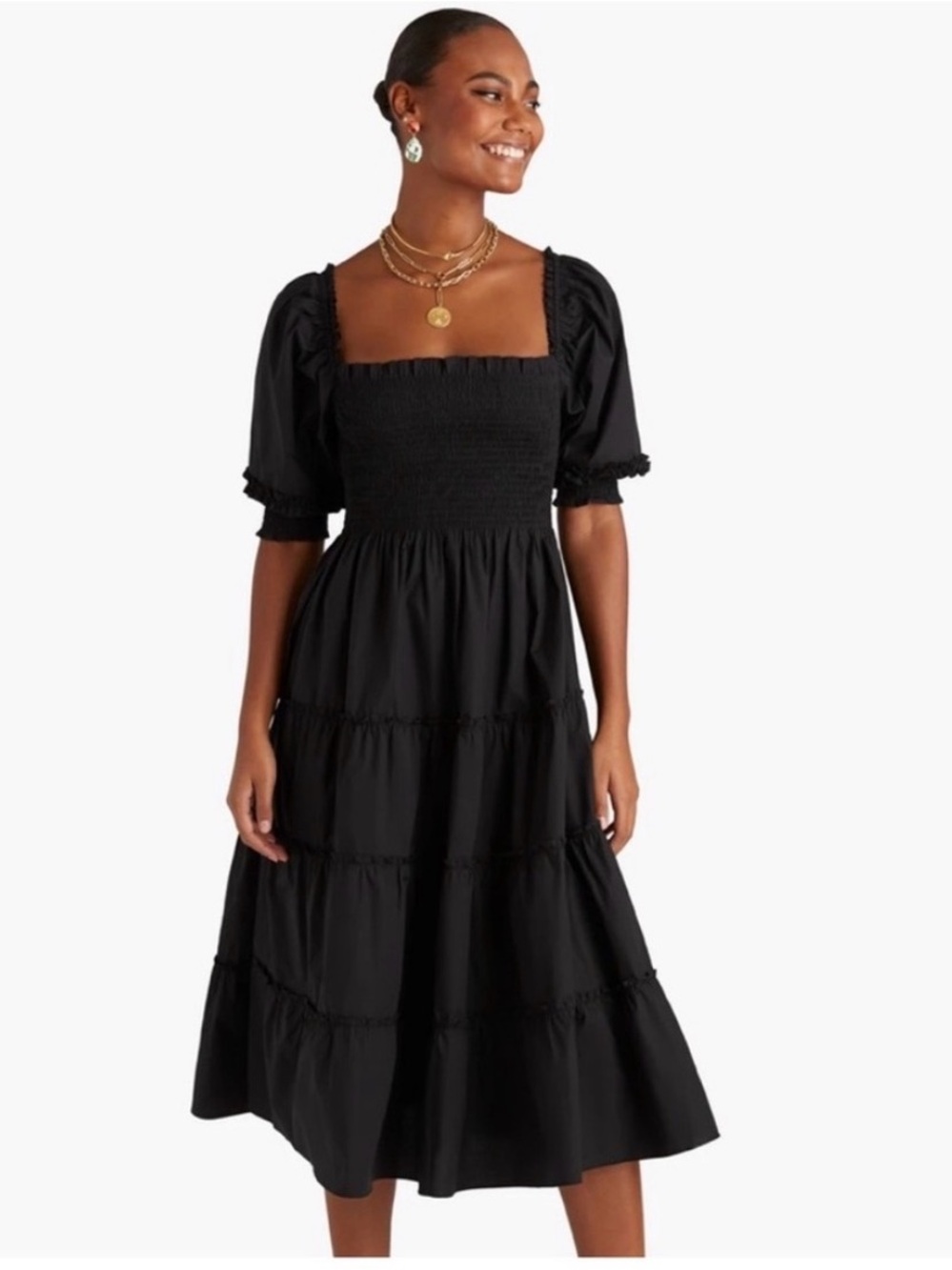 Hill House Nesli Midi Dress in Black Poplin